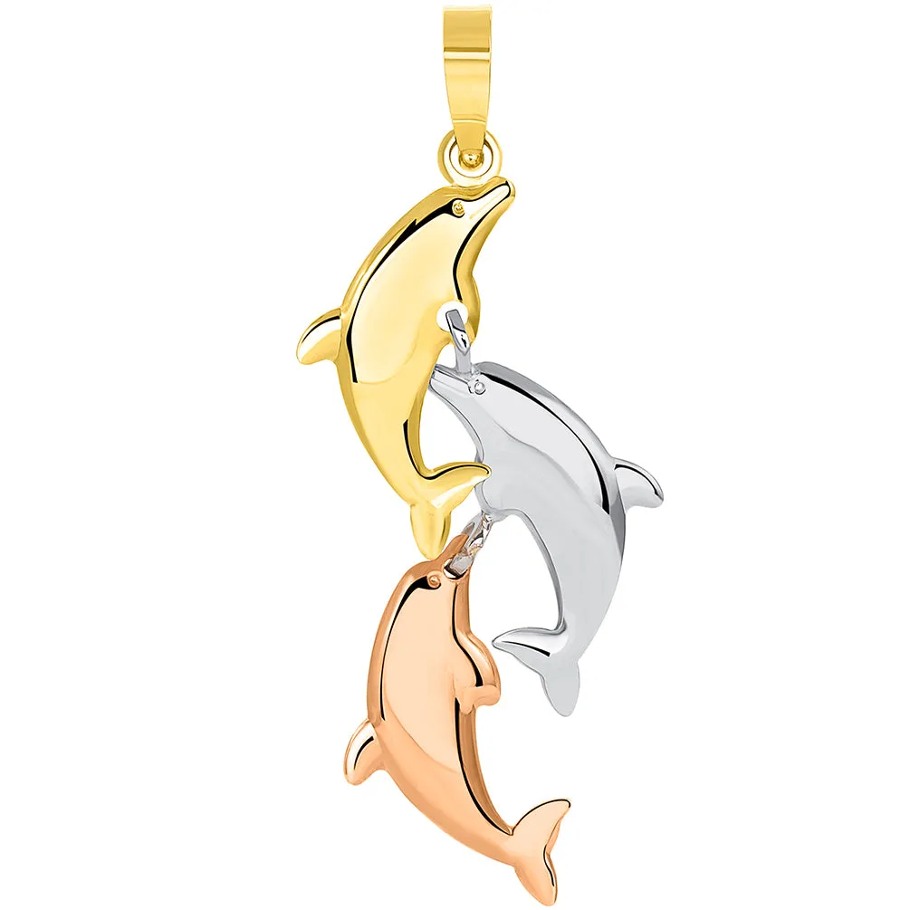 14k Tri Color Gold 3D Three Dangling Dolphins Jumping Vertical Pendant Curb Chain Necklace