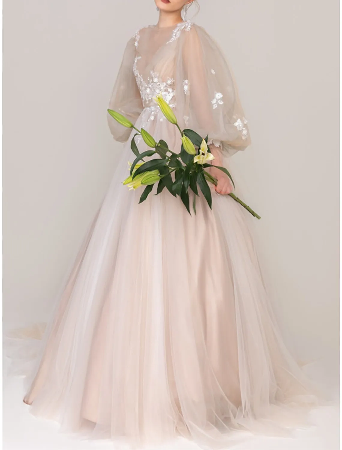 A-Line Floral Princess Prom Dress Jewel Neck Long Sleeve Court Train Tulle with Pleats Appliques