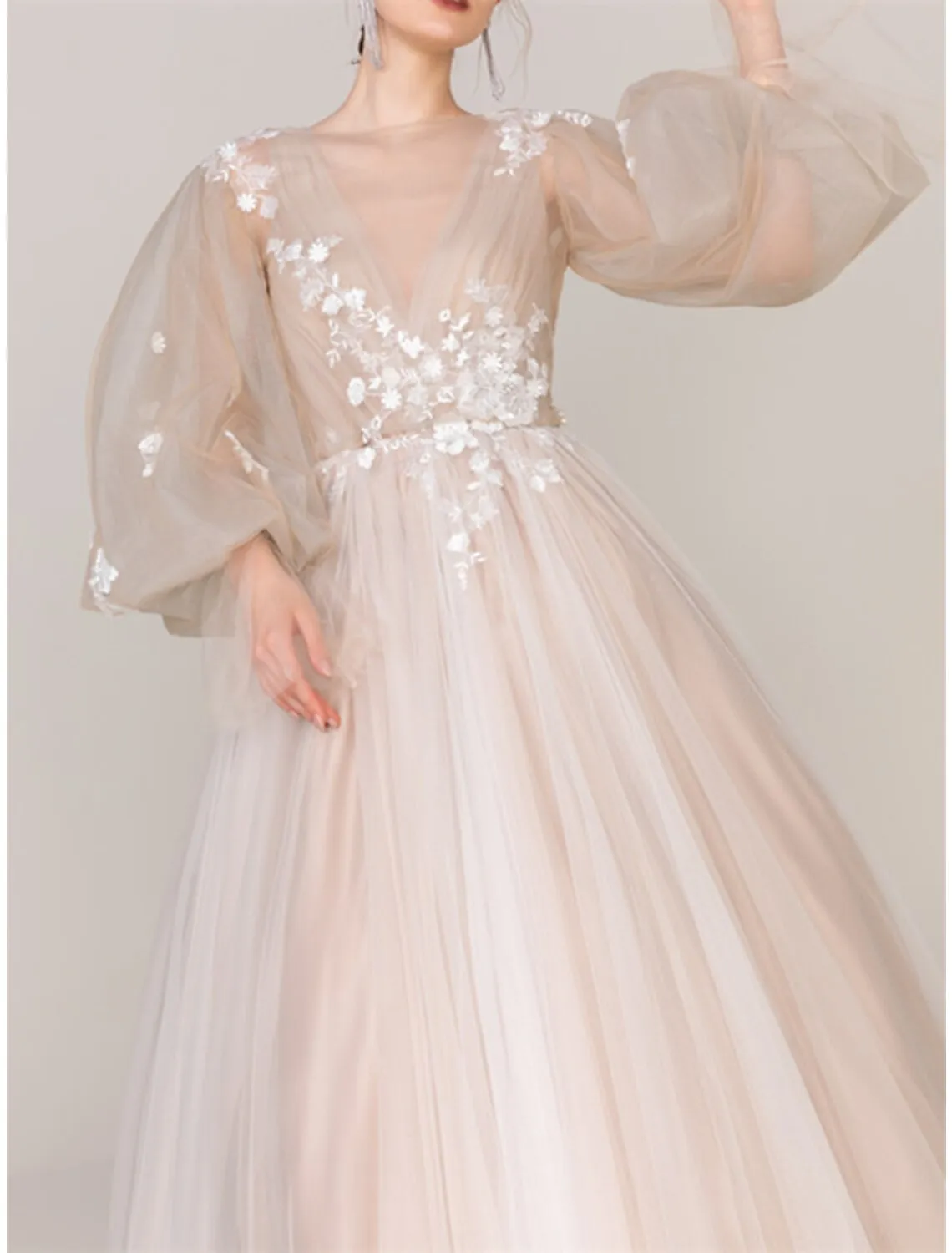 A-Line Floral Princess Prom Dress Jewel Neck Long Sleeve Court Train Tulle with Pleats Appliques