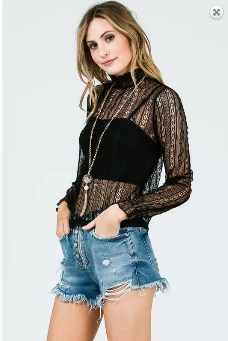 Black High Neck Sheer Lace Long Sleeve Top