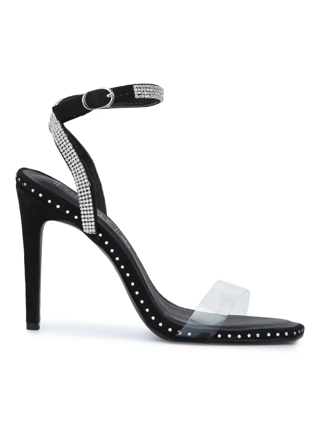 Black Micro Diamante Studded Ankle Strap Stilettos