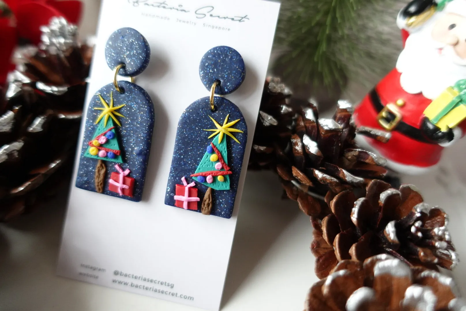 Blue Sparkling Christmas Tree Clay Earrings