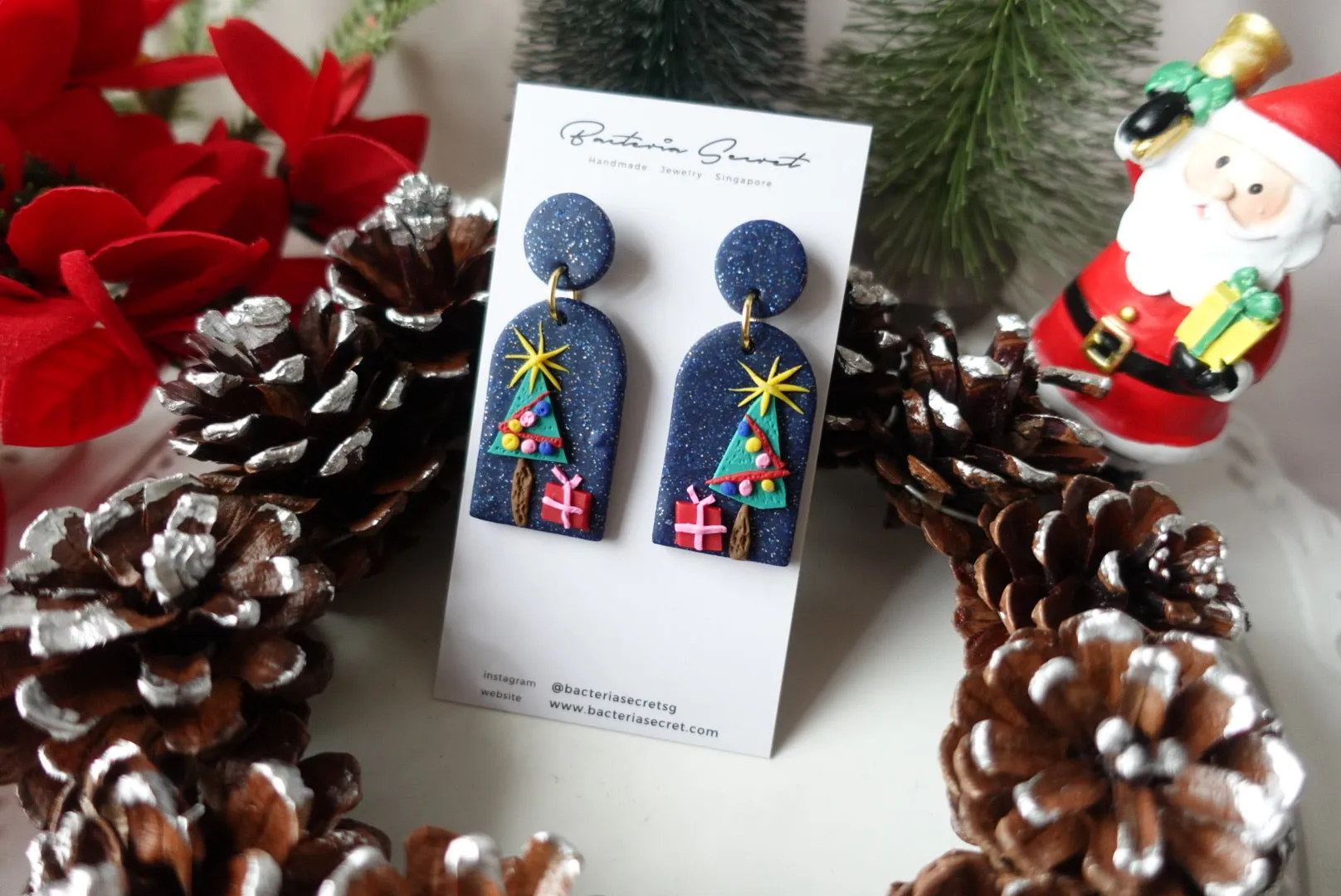 Blue Sparkling Christmas Tree Clay Earrings