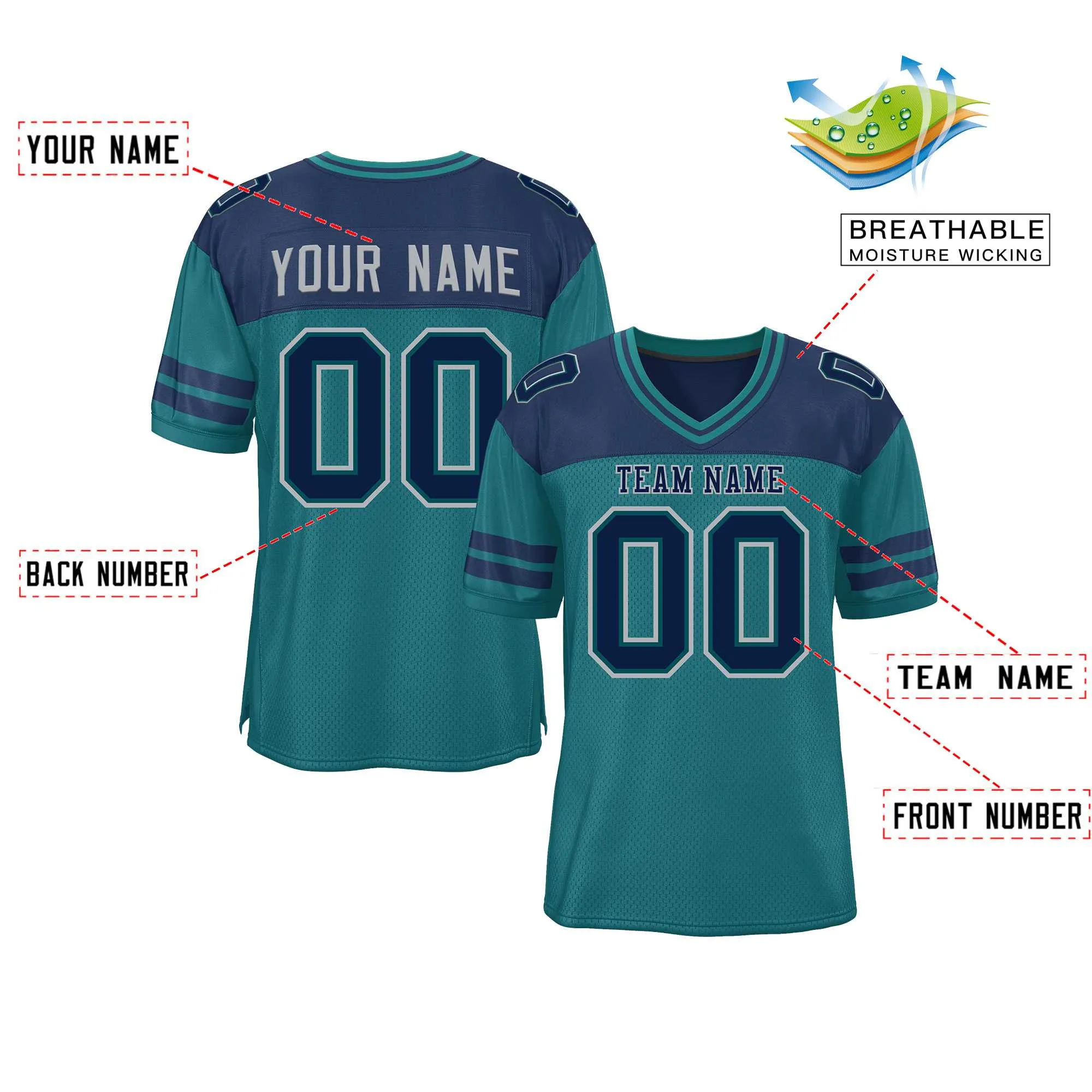 Custom Aqua Navy Personalized Color Block Authentic Football Jersey