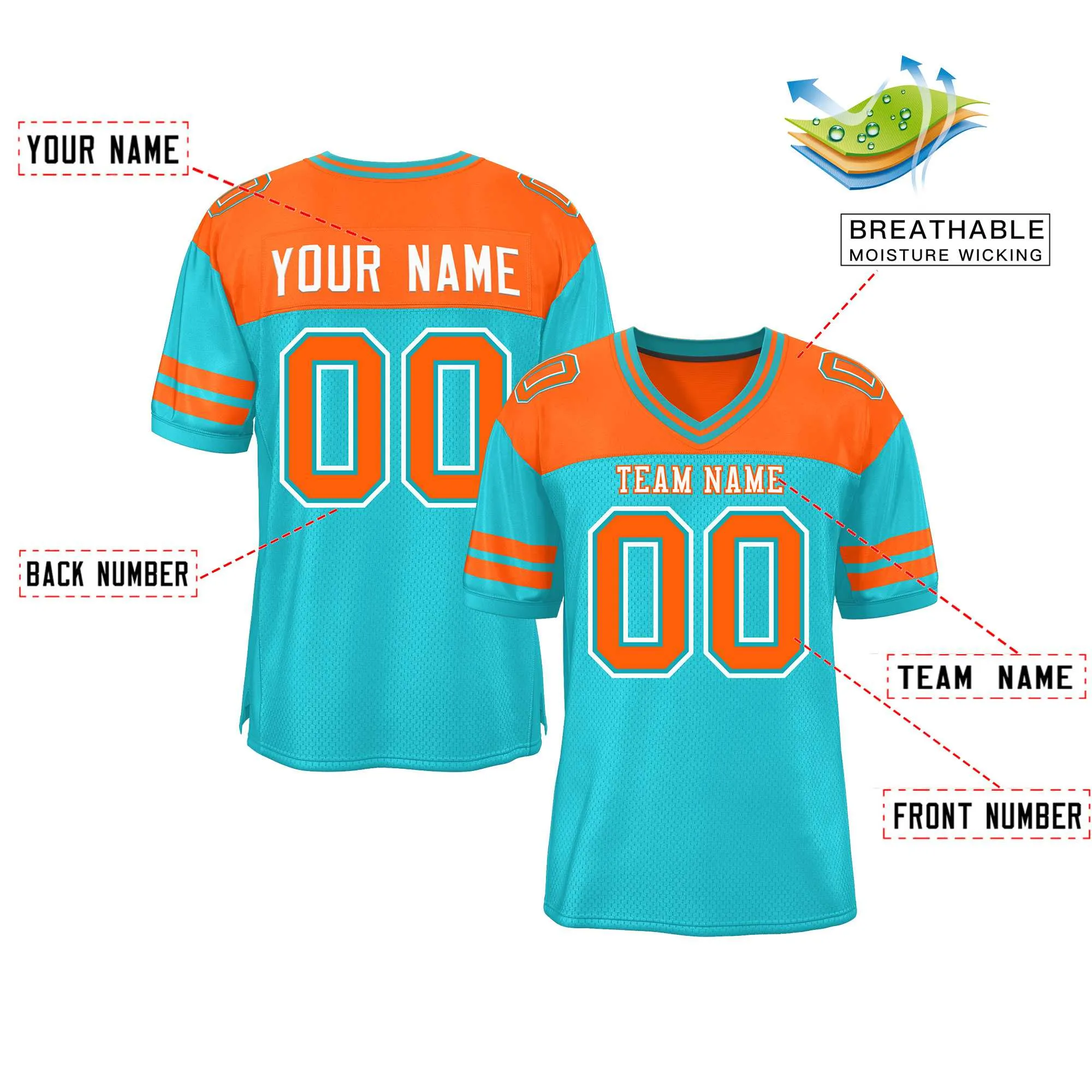 Custom Aqua Orange Personalized Color Block Authentic Football Jersey