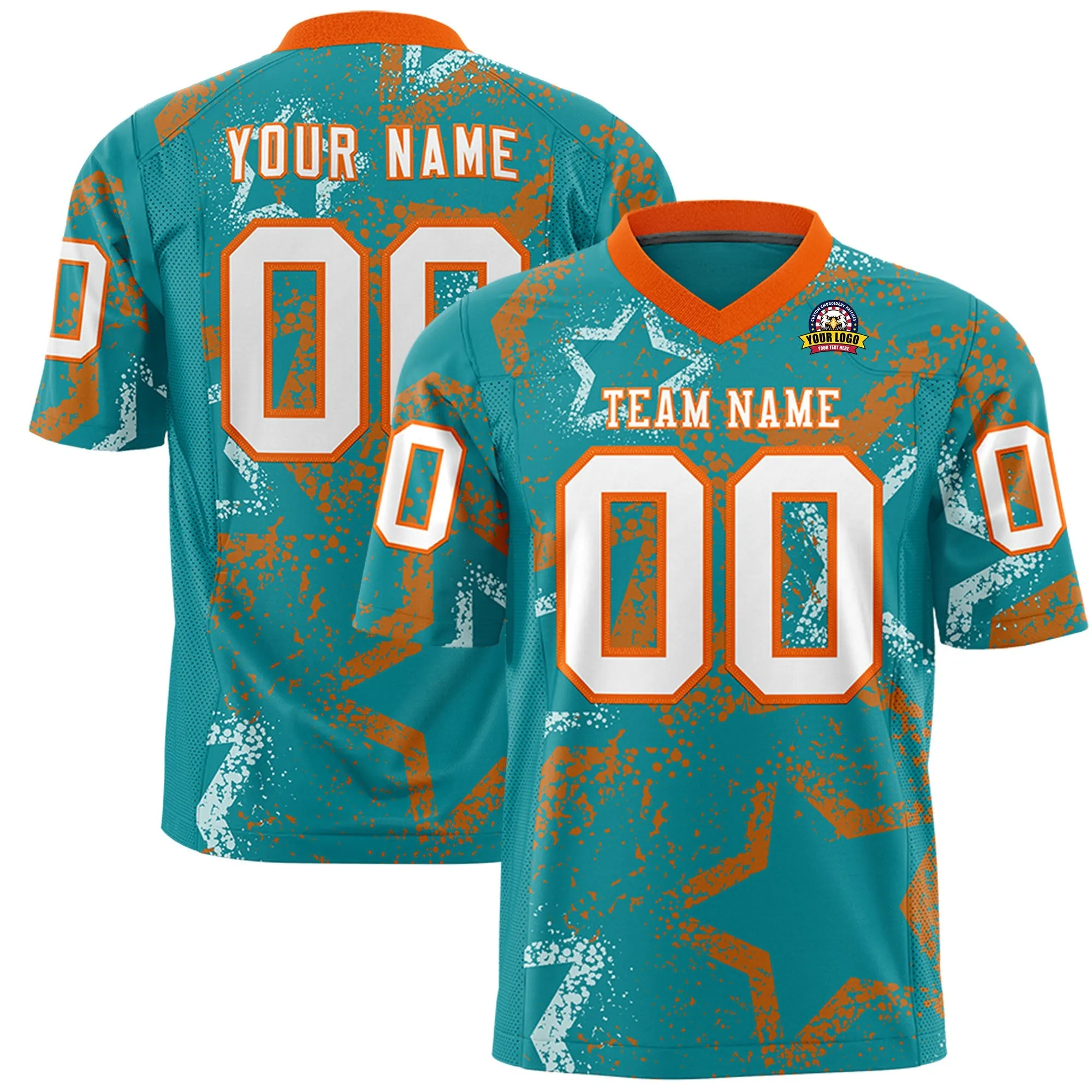 Custom Aqua Orange-White Personalized Star Graffiti Pattern Authentic Football Jersey