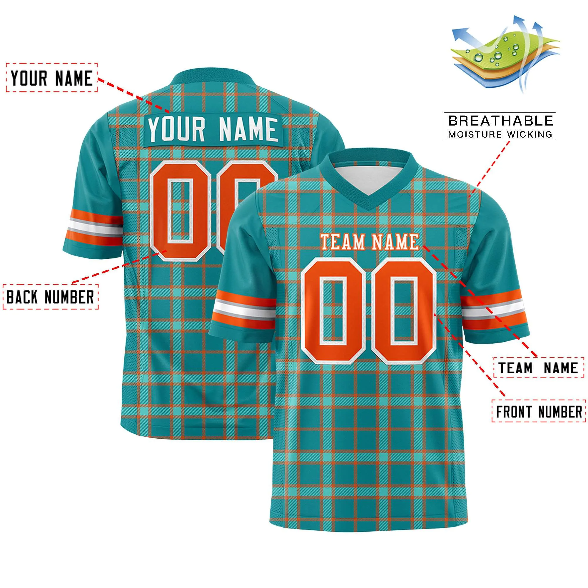 Custom Aqua Personalized Plaid Pattern Design Authentic Football Jersey