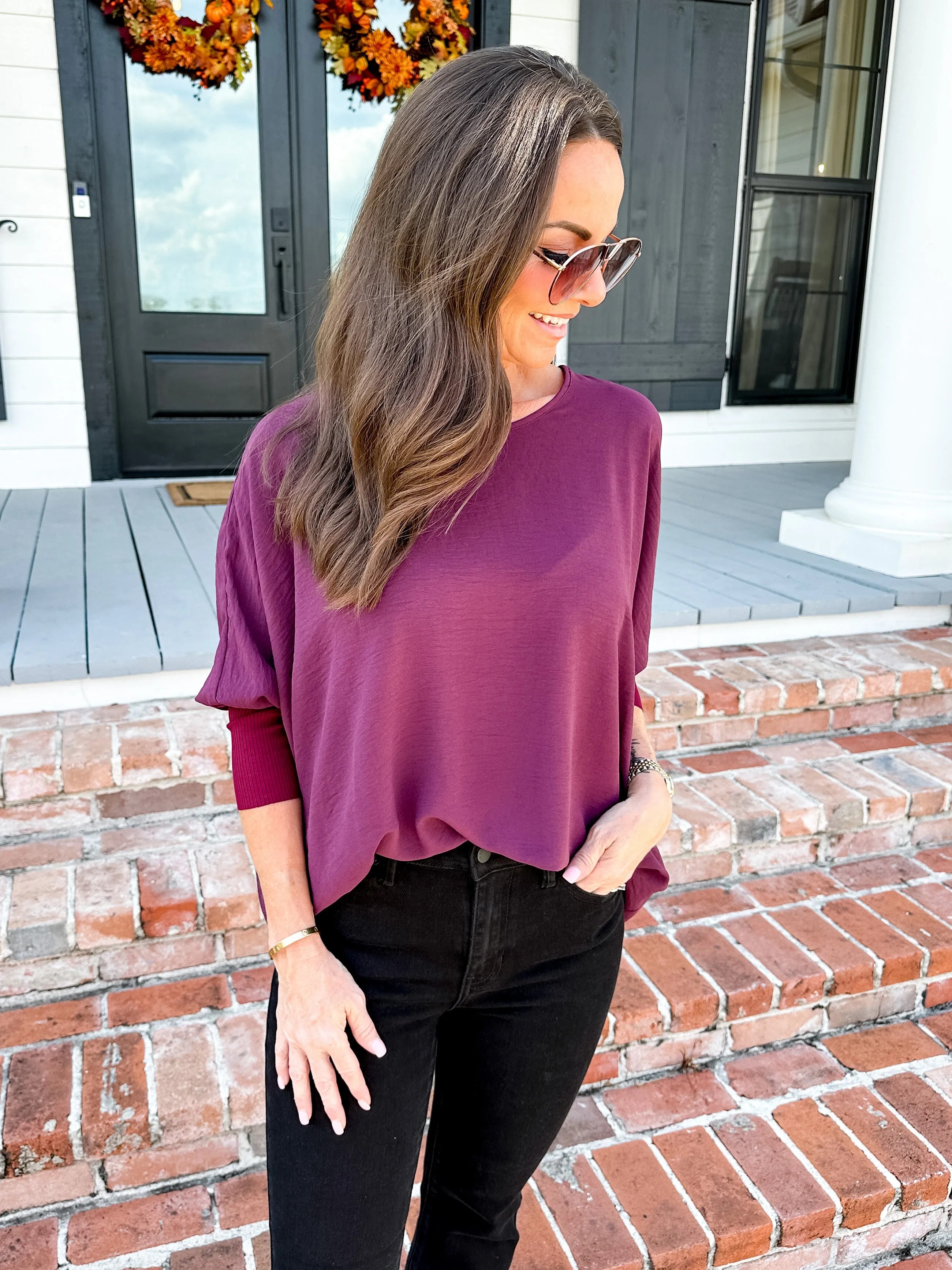 Dolman Sleeve Ribbed Top in Raisin