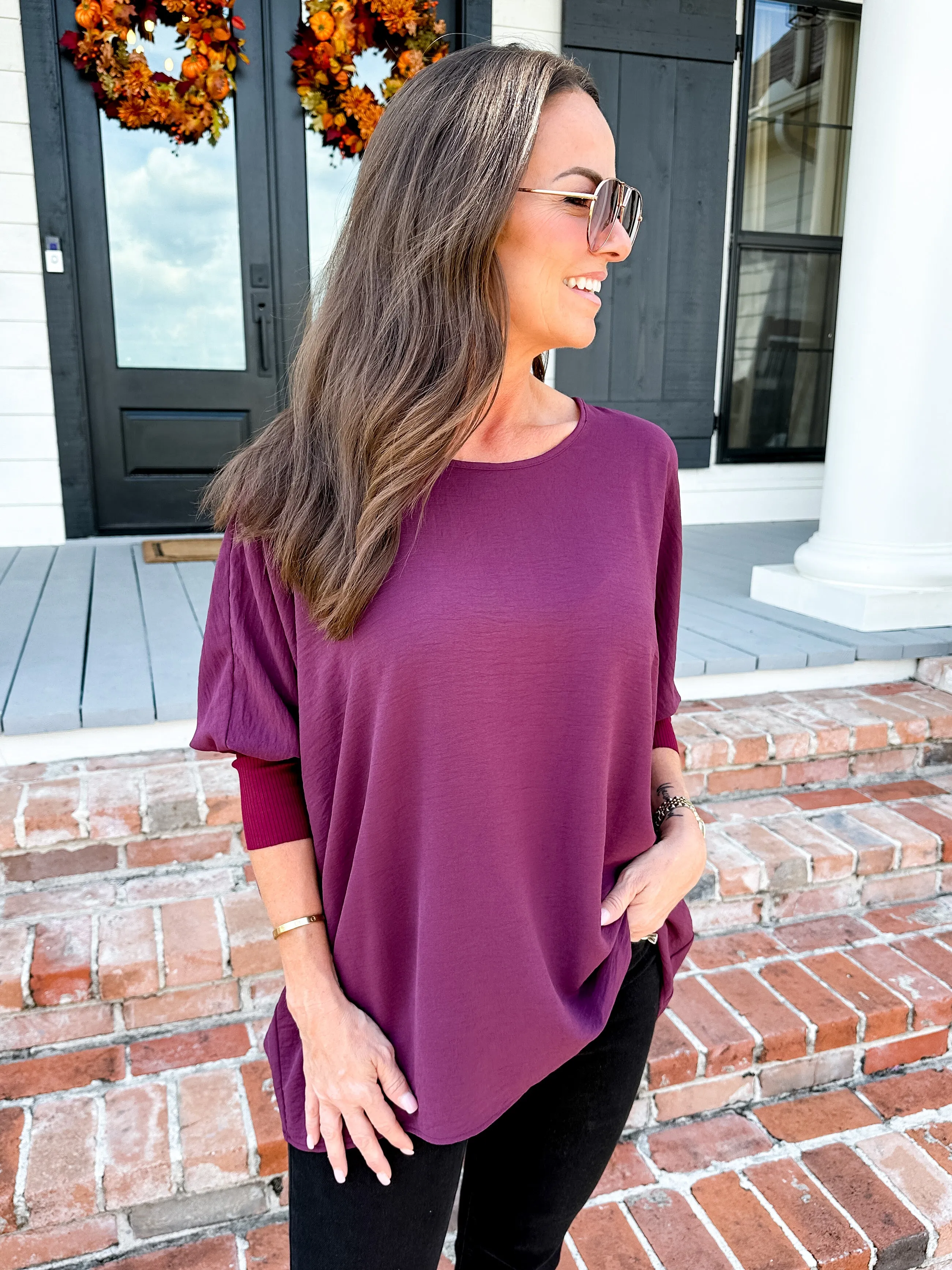 Dolman Sleeve Ribbed Top in Raisin