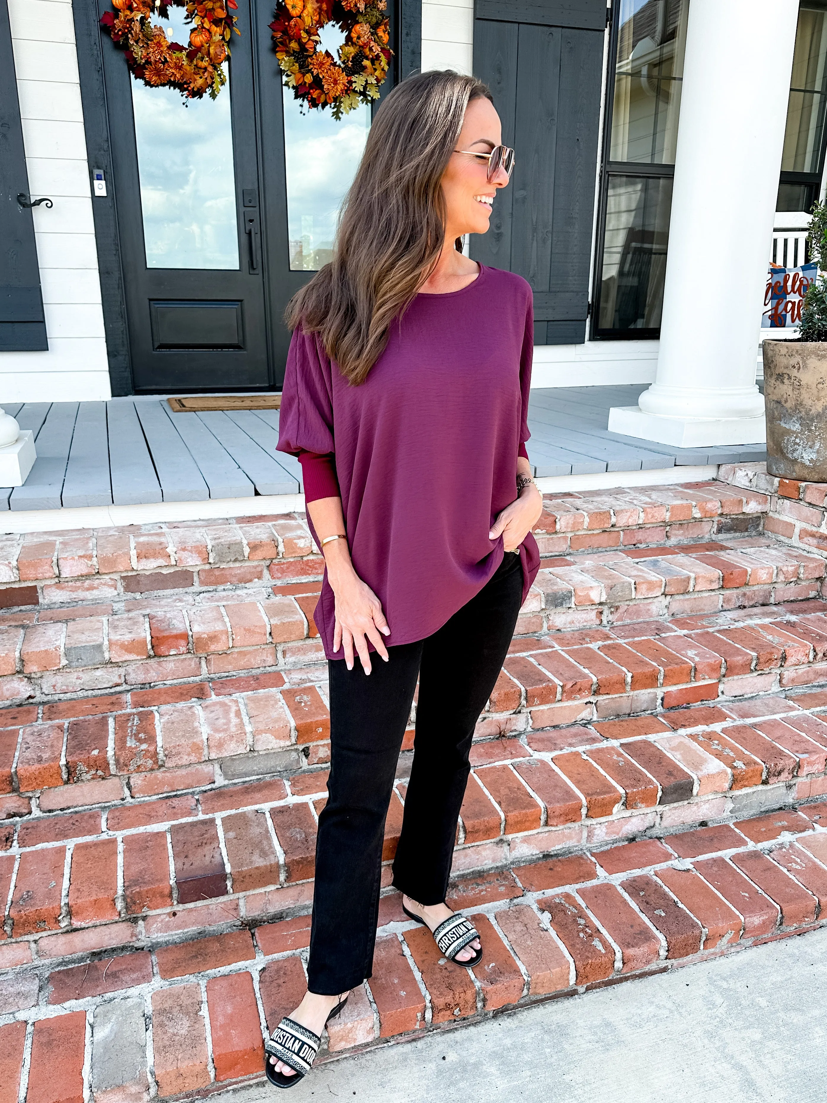 Dolman Sleeve Ribbed Top in Raisin