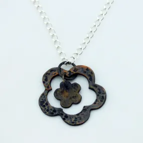 Double Flower Distressed Copper Pendant 20" Sterling Silver Necklace