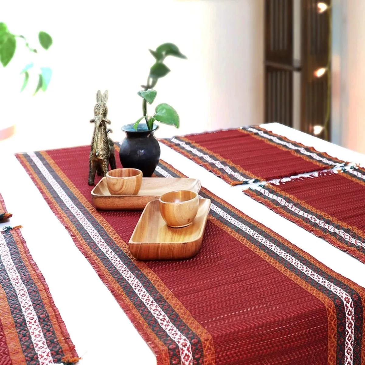 Handmade Dining Table Mats and Table Runner in Ruby Red (Set of 6/4) | Eco Friendly Tableware Sustainably Handwoven from Natural Grass