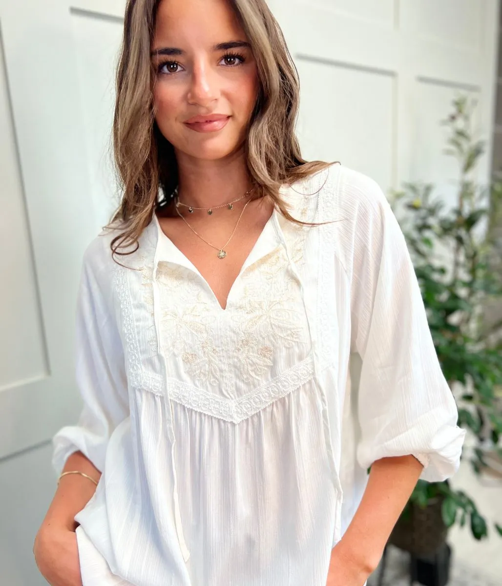 Ivory Boho Embroidered Bib Front Rayon Blouse