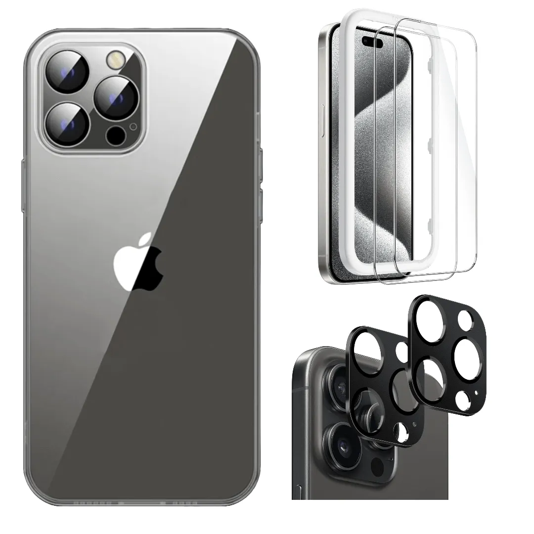 Protection Kit Bundle: Hybrid-Flex Hard Shell Case with Tempered Glass Screen and Camera Protector - iPhone 15 Pro