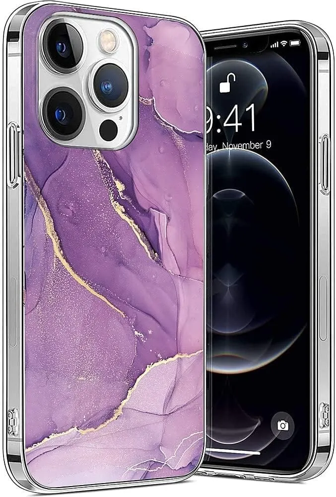 Purple Marble Series Case with Tempered Glass Screen and Camera Protector - iPhone 14 Pro Max