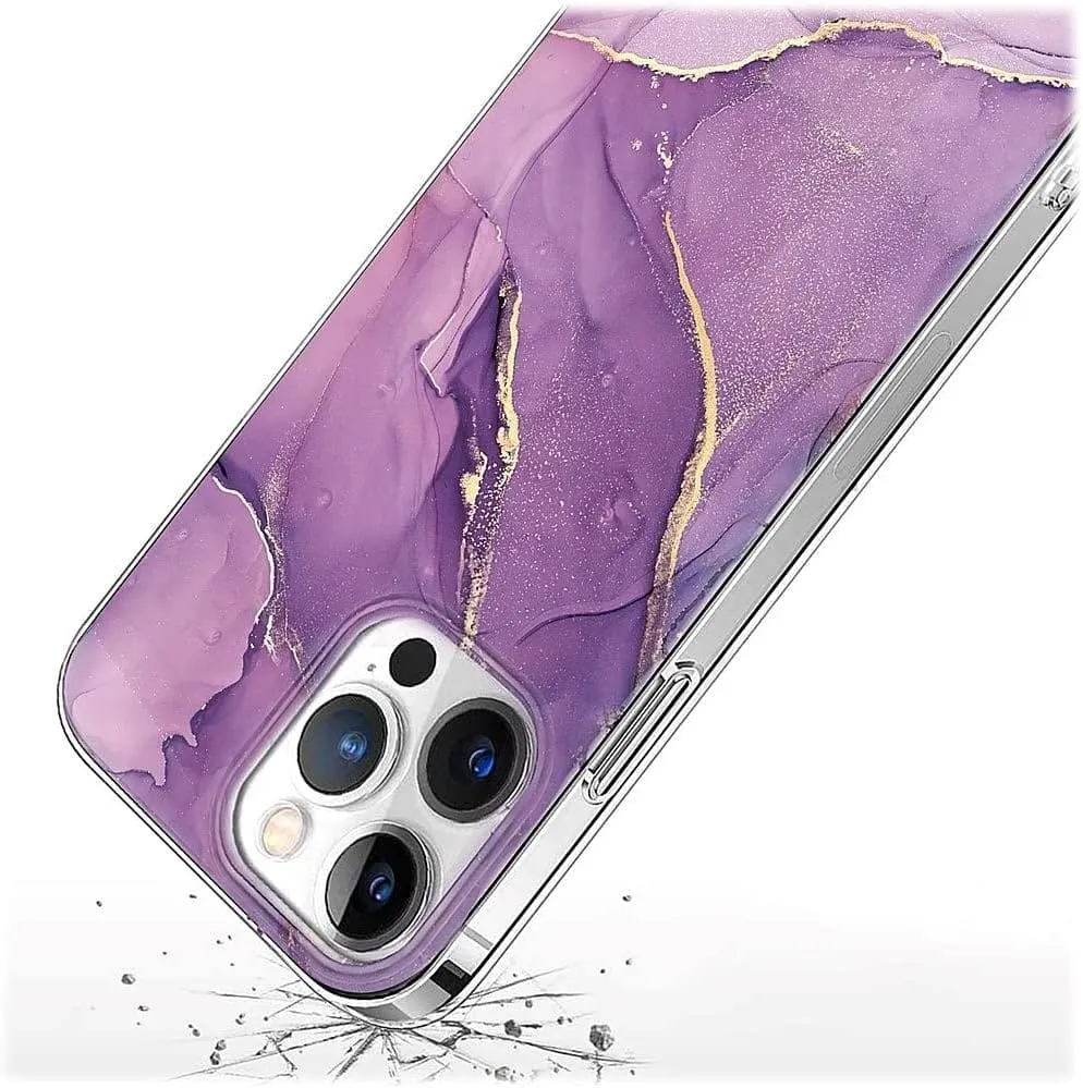 Purple Marble Series Case with Tempered Glass Screen and Camera Protector - iPhone 14 Pro Max