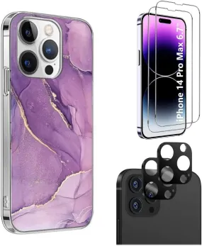 Purple Marble Series Case with Tempered Glass Screen and Camera Protector - iPhone 14 Pro Max