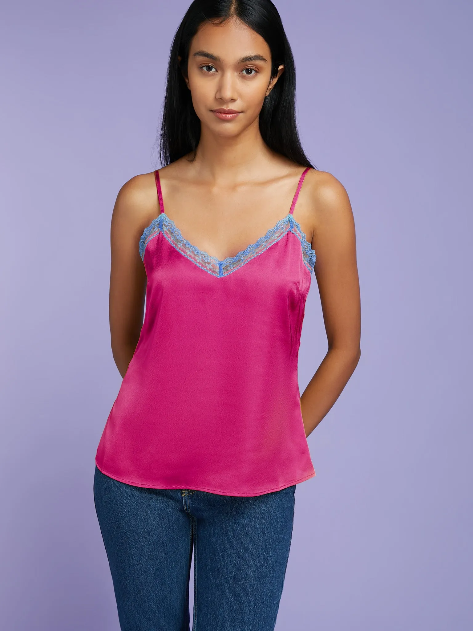 Yasmin Lace Top in Purple with Blue Trim